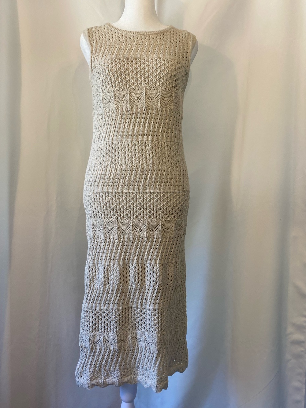 Womens Beige Bohemian Cotton Blend Crochet Knit Midi Summer Dress With Liner SM